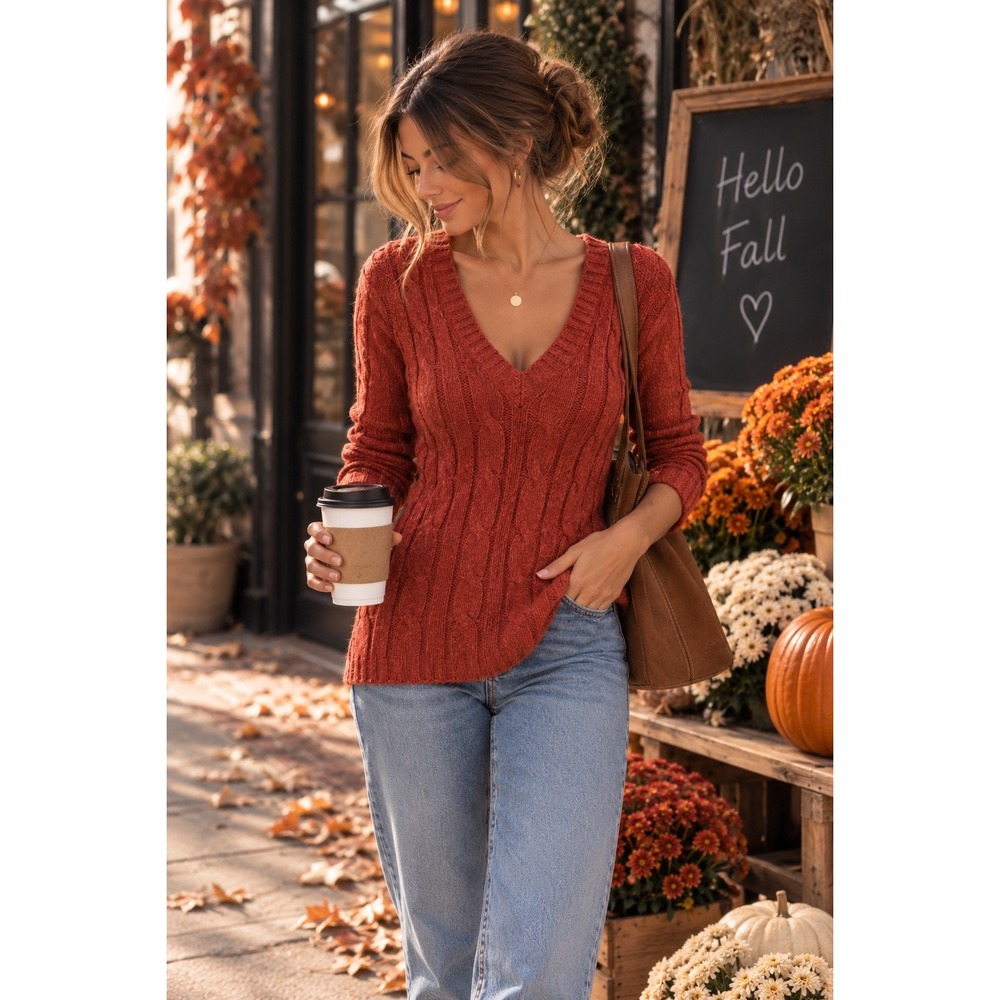 Aerie Womens Rust Orange Cable Knit V-Neck Sweater 3/4 Sleeve Tunic Size S